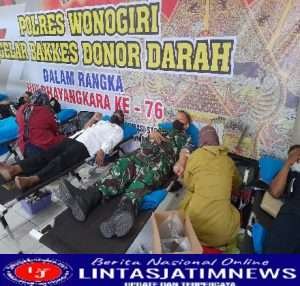 Sambut HUT Bhayangkara Ke-76, Anggota Kodim 0728/Wonogiri Turut Berpartisipasi Sumbangkan Darah