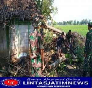 Anggota Koramil Padas Bantu Warga Bersihkan Pohon Tumbang Menimpa Rumah Warga