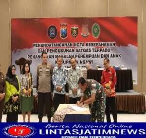 Dandim Ngawi Bersama forkopimda Hadiri Penandatanganan Nota Kesepahaman dan Pengukuhan Satgas Terpadu Penanganan Masalah Perempuan dan Anak