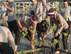 Cegah Abrasi Polisi Tanam Bibit Pohon Mangrove di Pantai Ekowisata Mangrove Lembung Pamekasan