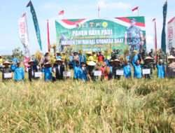 Dandim Ngawi Bersama Danrem 081/Dsj dan Forkopimda Dampingi Pangdam V/Brawijaya Panen Raya Padi di Wilayah Ngawi