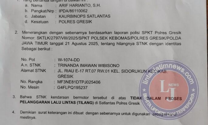 Berita Kehilangan STNK dan SIM di jalan Kartini Gresik