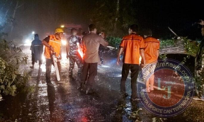 TNI dan Personel Gabungan Evakuasi Pohon Tumbang di Jalan Nasional Trenggalek