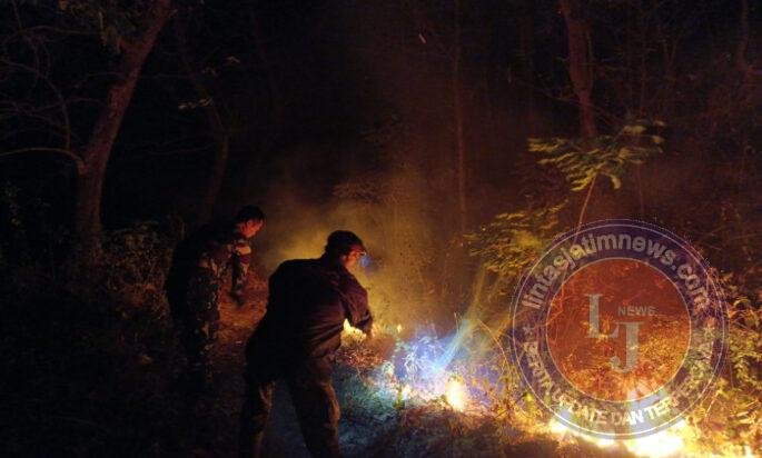 Karhutla Malam Hari, Babinsa Kodim Ponorogo dan Masyarakat Turun Padamkan Api