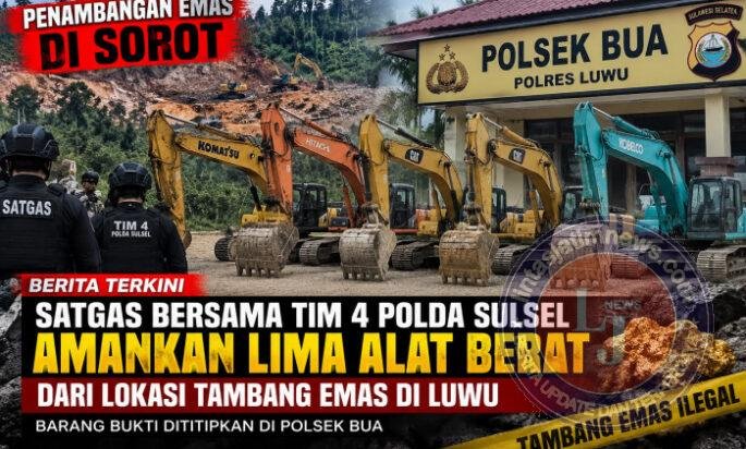 Satgas Bersama Tim 4 Polda Sulsel Amankan Lima Alat Berat dari Lokasi Tambang Emas di Luwu
